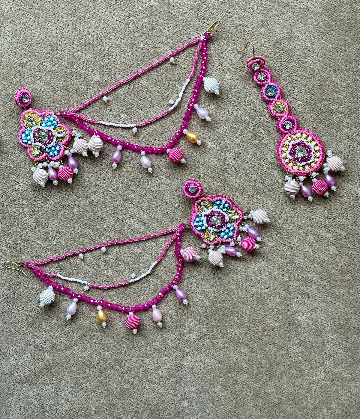 Fuchsia Pink Beaded Bridal Jewellery Set – Necklace, Earrings, Tikka & Hathphool