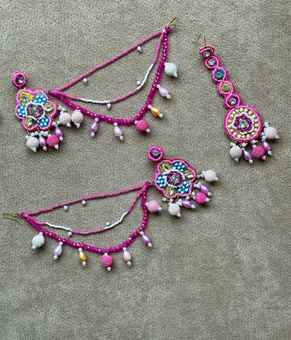 Fuchsia Pink Beaded Bridal Jewellery Set – Necklace, Earrings, Tikka & Hathphool