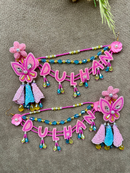 Dulhan Beaded Earring Tikka Set Pink Ferozi
