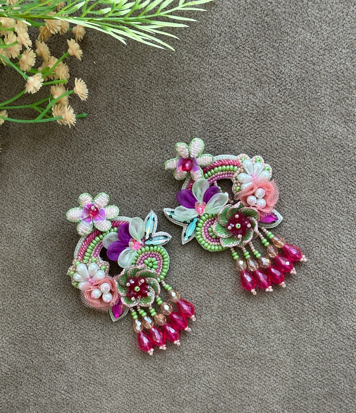 Green & Pink Handmade Floral Beaded Earrings with Pink Drops