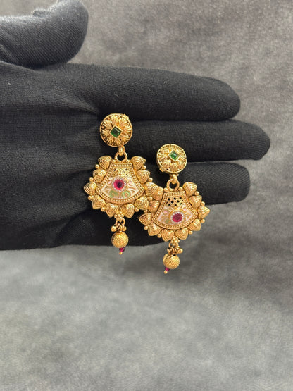 Antique Gold Temple Bridal Double Necklace Set with Haram & Drop Earrings NS00027