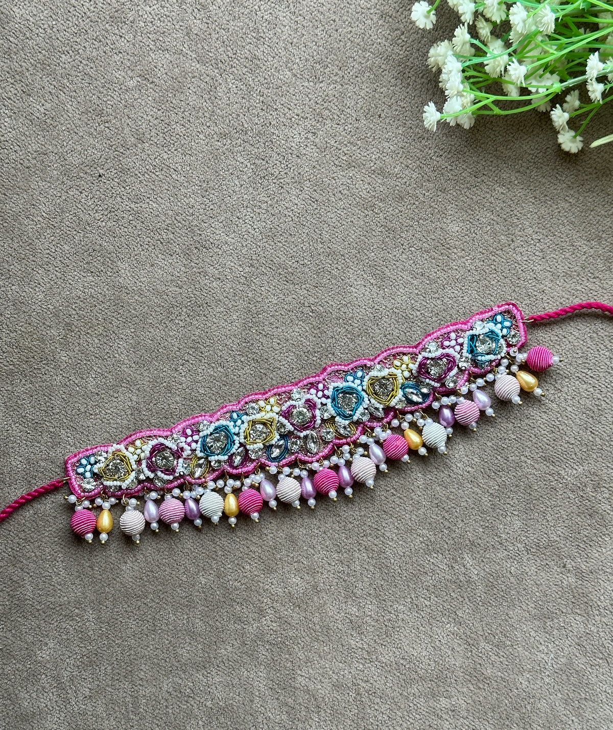 Fuchsia Pink Beaded Bridal Jewellery Set – Necklace, Earrings, Tikka & Hathphool