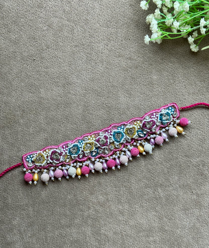 Fuchsia Pink Beaded Bridal Jewellery Set – Necklace, Earrings, Tikka & Hathphool