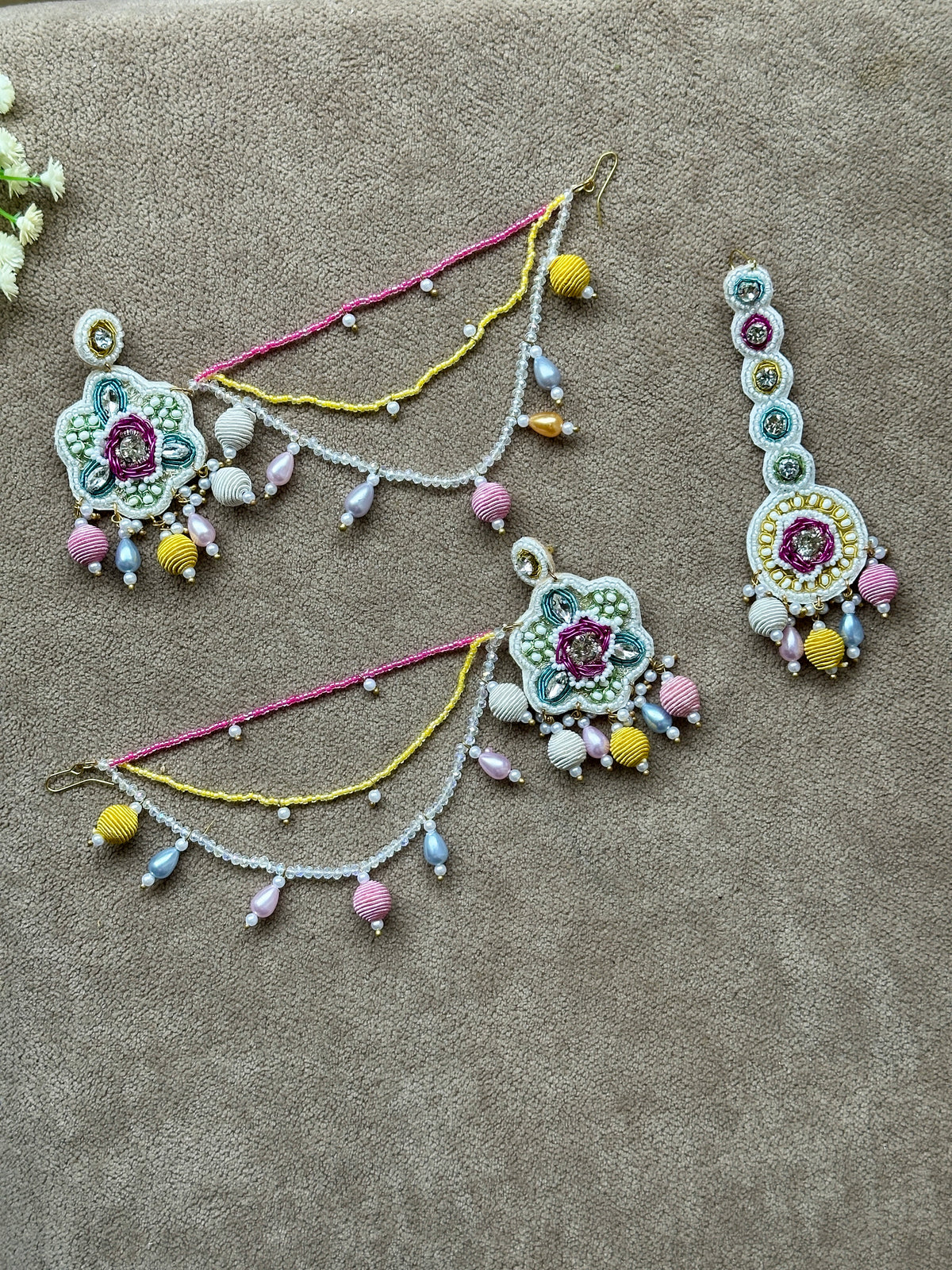 Ivory Pastel Beaded Bridal Jewellery Set – Necklace, Earrings, Tikka & Hathphool