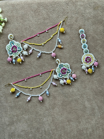Ivory Pastel Beaded Bridal Jewellery Set – Necklace, Earrings, Tikka & Hathphool
