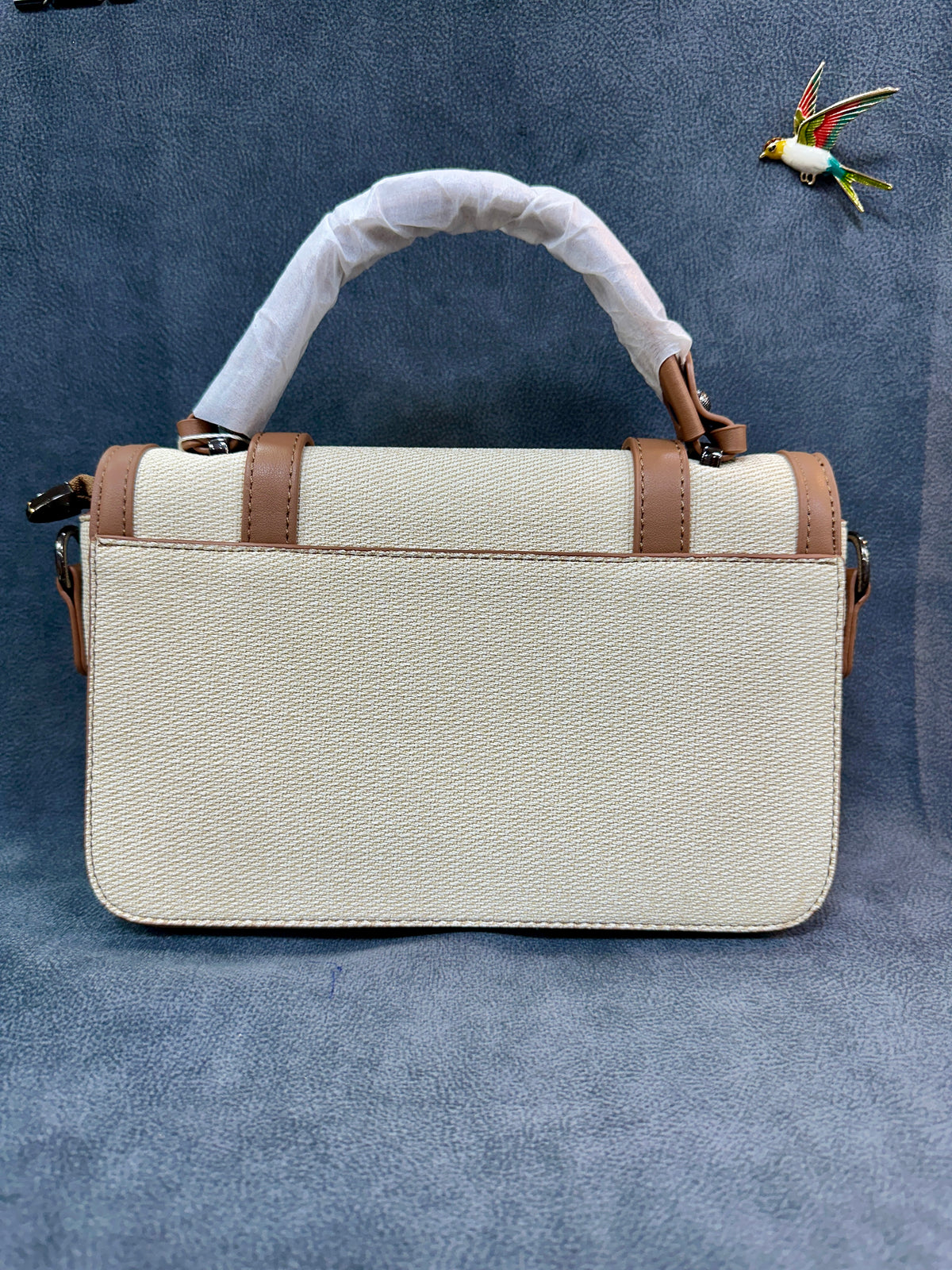 Cream Canvas & Tan Leather Satchel Crossbody Bag HB007
