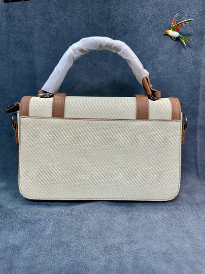 Cream Canvas & Tan Leather Satchel Crossbody Bag HB007