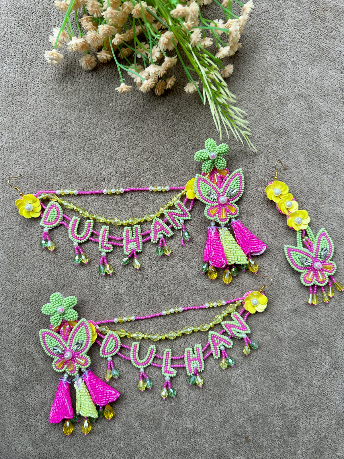Dulhan Beaded Necklace Set with Earrings & Tikka – Green & Yellow