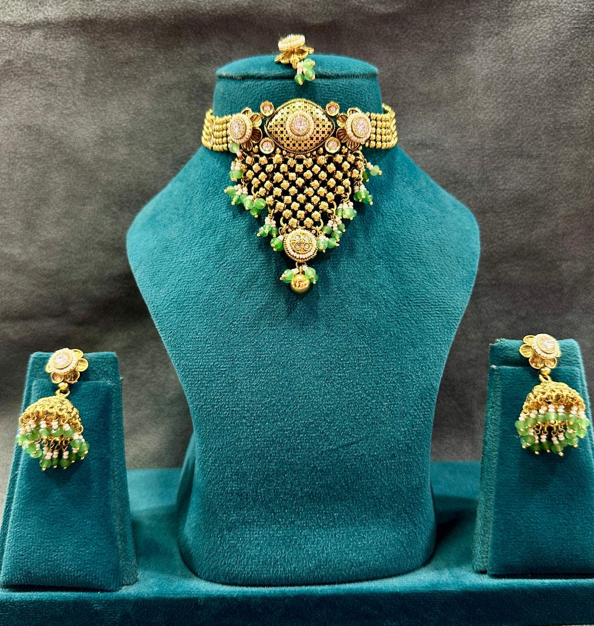 Kundan Pearl Choker Necklace Set with Mint Green Drops NS00020