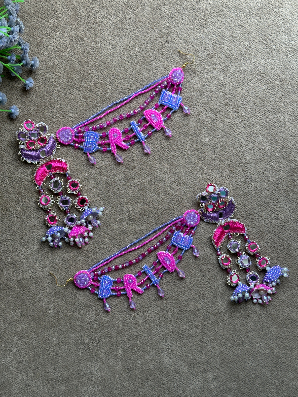 Bride Beaded Saankal Earring Tikka Set | Fuchsia & Periwinkle Mirror Work Chandelier Jhumki