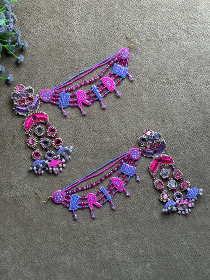 Bride Beaded Saankal Earring Tikka Set | Fuchsia & Periwinkle Mirror Work Chandelier Jhumki