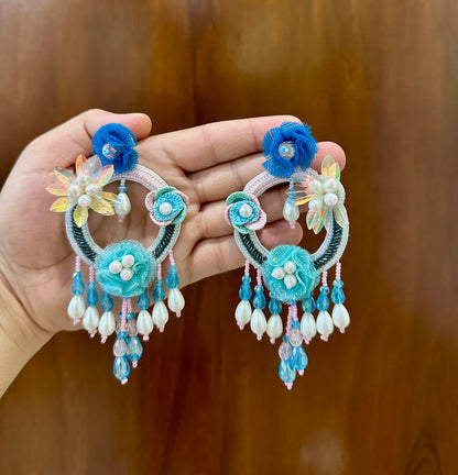 Blue & Aqua Handmade Beaded Floral Hoop Drop Earrings