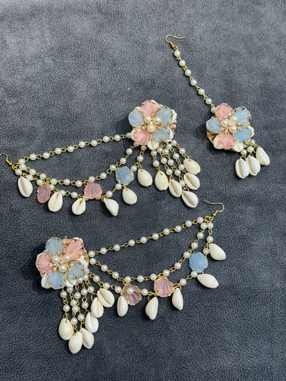Blush Pink & Blue Cowrie Shell Floral Earring Tikka Set ET009