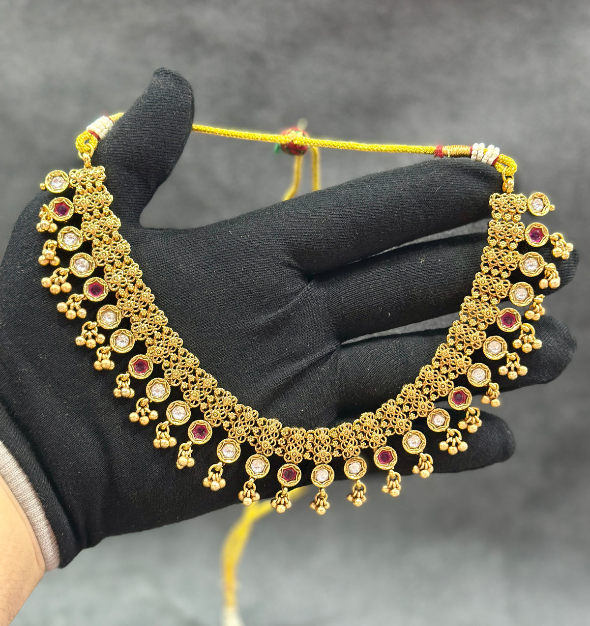 Gold Filigree Choker Necklace Set with Kundan & Ruby Stones NS00017