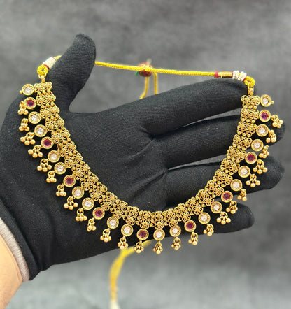 Gold Filigree Choker Necklace Set with Kundan & Ruby Stones NS00017
