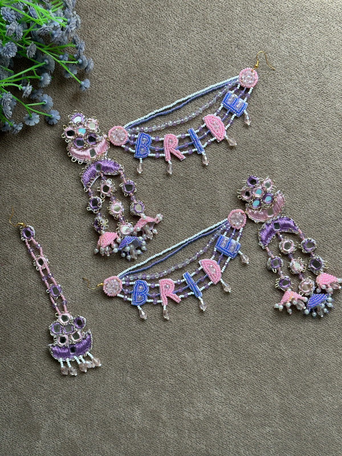 Bride Beaded Saankal Earring Tikka Set | Lavender, Pink & Blue Mirror Work
