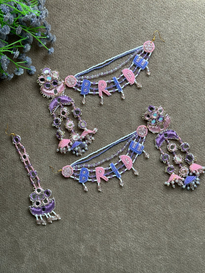 Bride Beaded Saankal Earring Tikka Set | Lavender, Pink & Blue Mirror Work