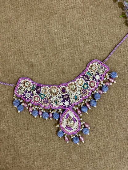 Lilac Beaded Haldi Jewellery Set – Necklace, Earrings, Tikka & Hathphool
