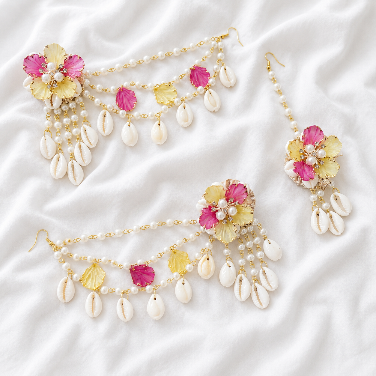 Yellow Pink Shells Earring Tikka Set