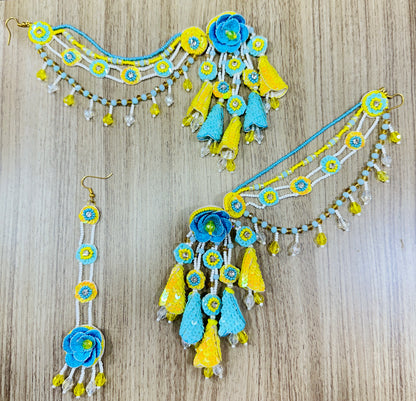 Beaded Handmade Jewellery Ferozi Yellow Earring Tikka Set