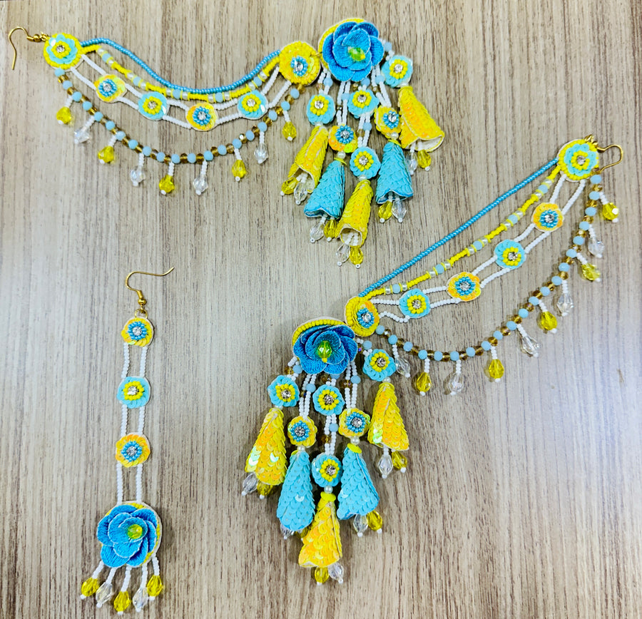 Beaded Handmade Jewellery Ferozi Yellow Earring Tikka Set
