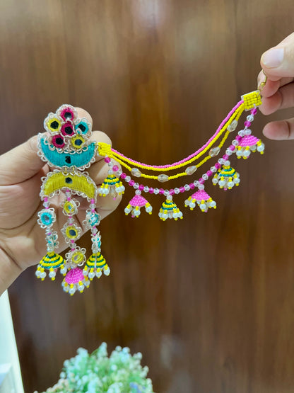 Mirror Work Beaded Jhumka Earring Tikka Set – Yellow, Pink & Teal