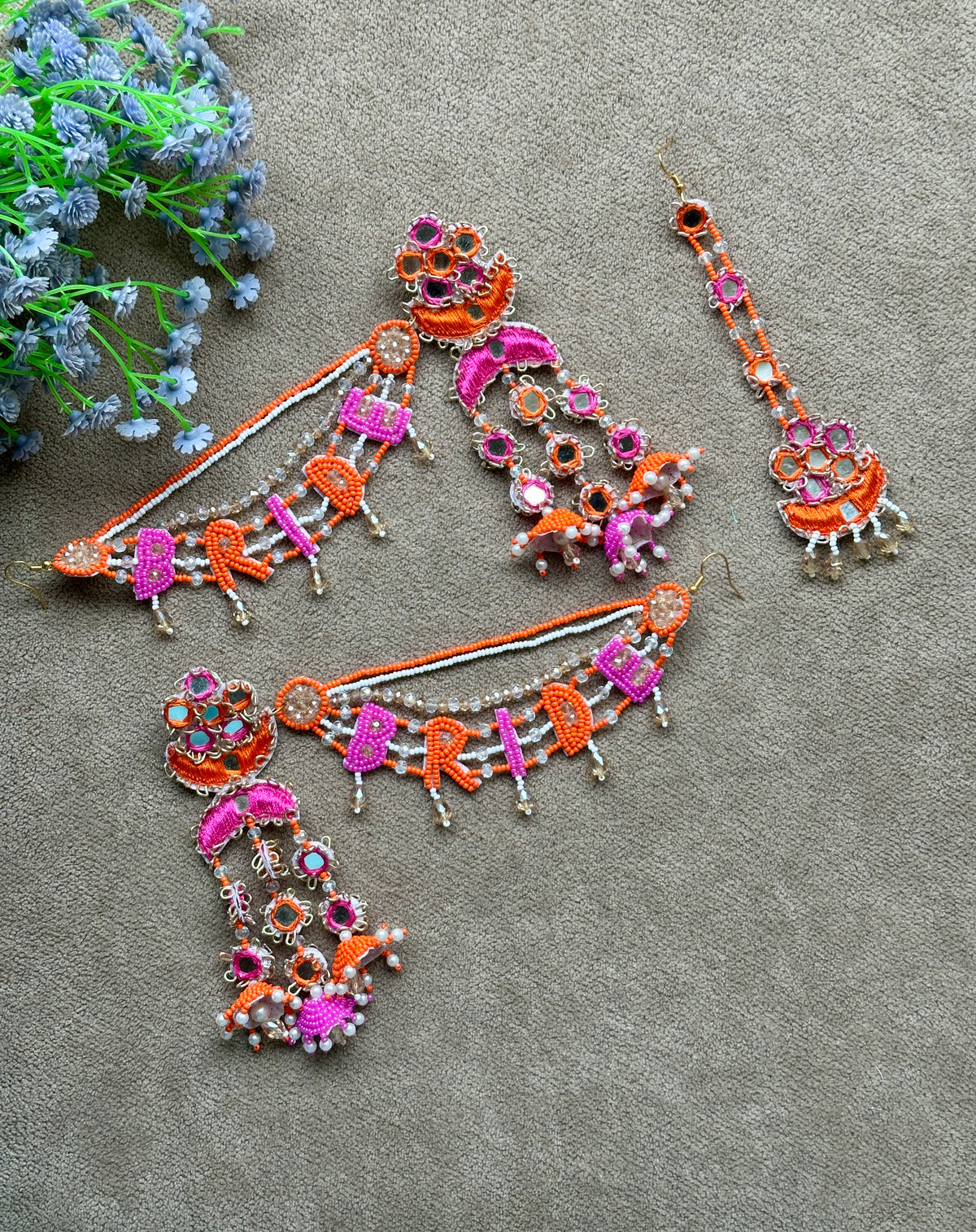 Beaded Bride Earring Tikka Set with Mirror Work – Orange & Pink