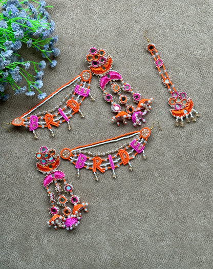 Beaded Bride Earring Tikka Set with Mirror Work – Orange & Pink