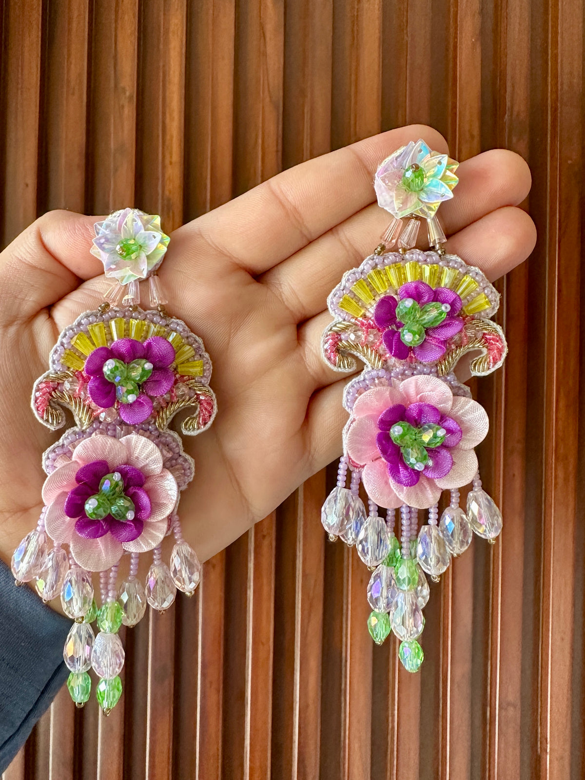 Pink & Purple Handmade Floral Beaded Chandelier Earrings
