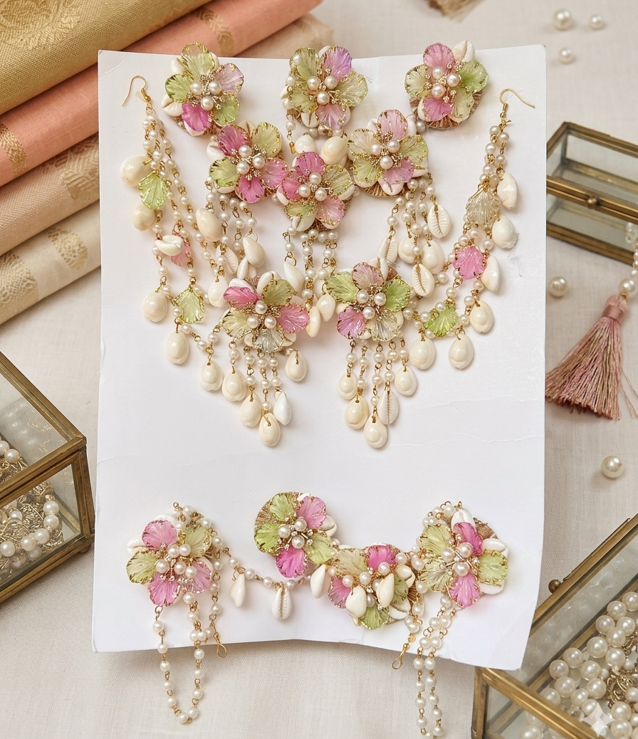 Ethereal Blooms & Coastal Harmony: Light Pink, Pista, and Pearl Floral  with Hand-picked Cowrie Shells Jewellery Set K111