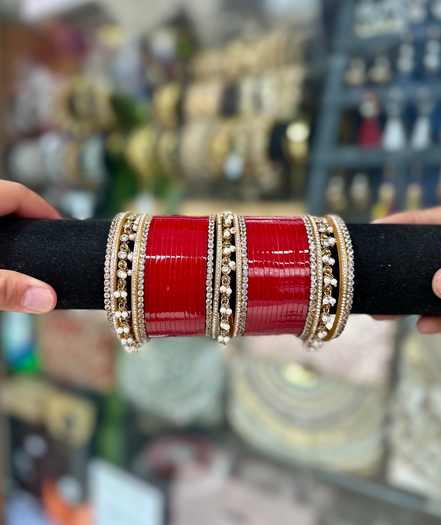 Bridal Chura Rich Red Kashmiri Bangles Hanging pearl BDH016
