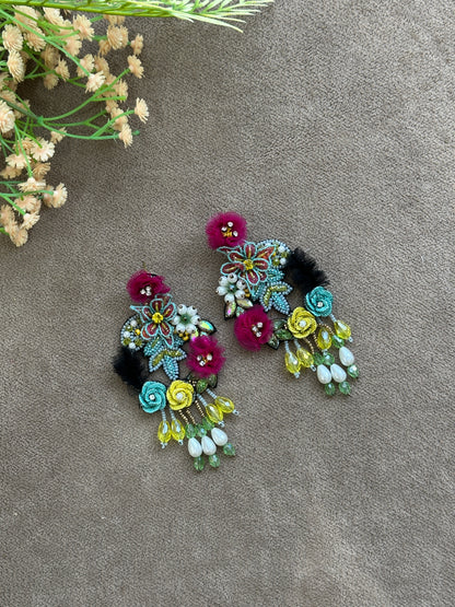 Multicolour Handmade Beaded Floral Statement Earrings