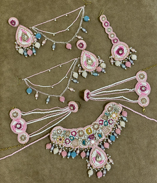 Blush Pink Beaded Haldi Jewellery Set – Necklace, Earrings, Tikka & Hathphool