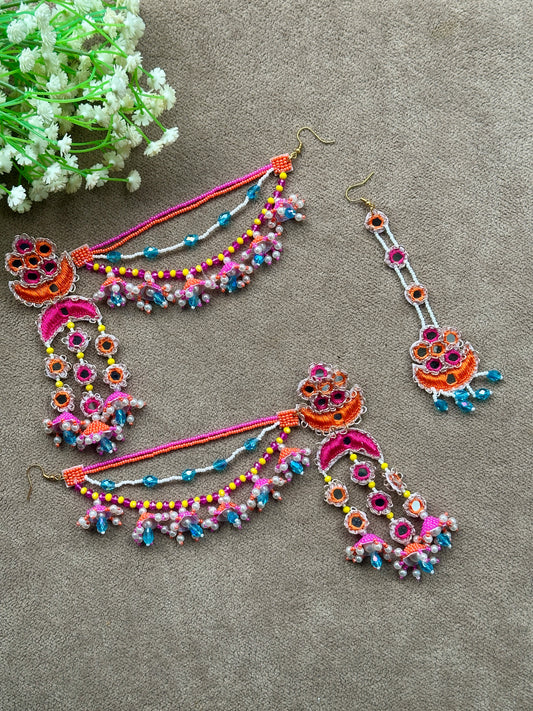 Mirror Work Beaded Jhumka Earring Tikka Set – Magenta, Orange & Turquoise