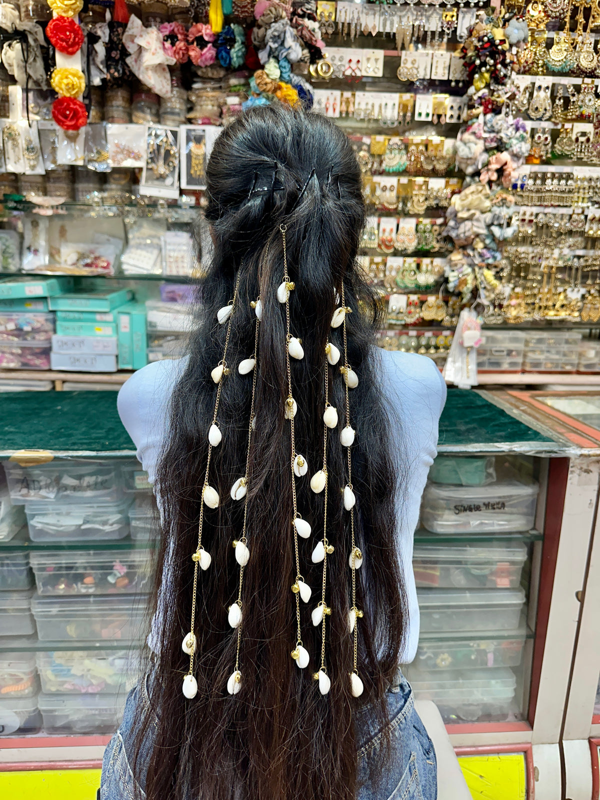 White Shell Drop Hair Chain with Gold-Tone Charms