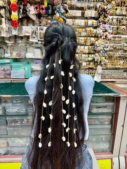 White Shell Drop Hair Chain with Gold-Tone Charms