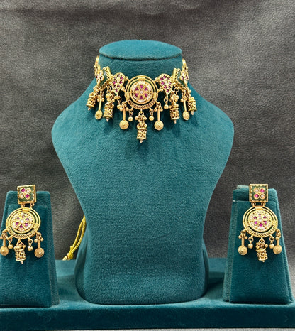 Temple Choker Necklace Set with Ruby Stones & Ghungroo Drops NS00019