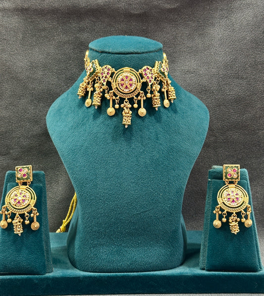 Temple Choker Necklace Set with Ruby Stones & Ghungroo Drops NS00019