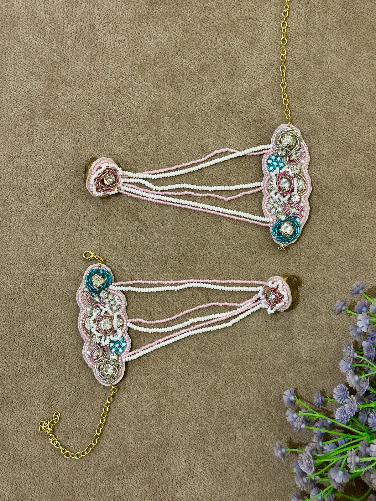 Pastel Blush Beaded Bridal Jewellery Set – Necklace, Earrings, Tikka & Hathphool