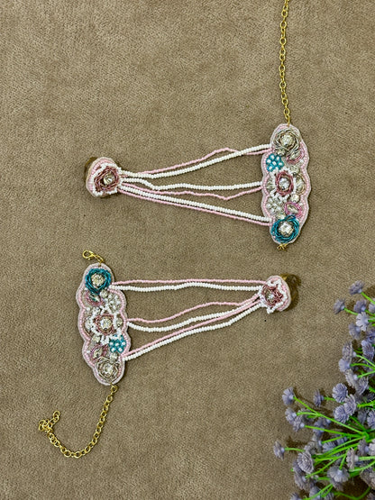 Pastel Blush Beaded Bridal Jewellery Set – Necklace, Earrings, Tikka & Hathphool