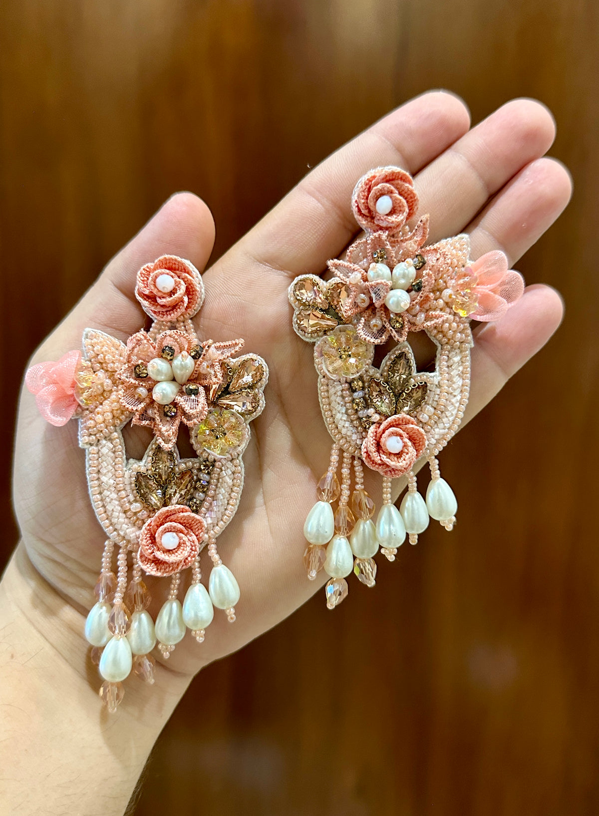 Peach Floral Handmade Beaded Earrings with Mint Drops