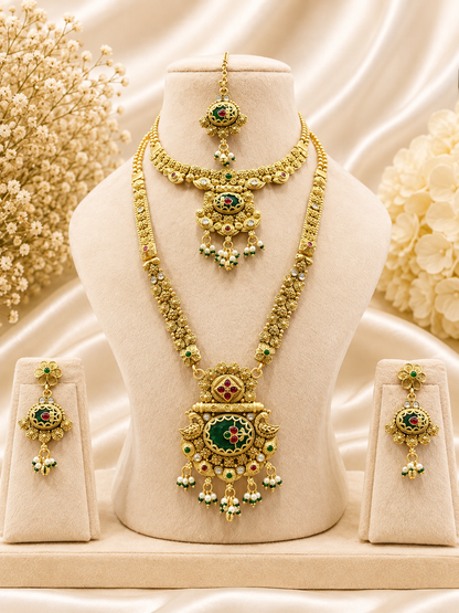 Antique Gold Emerald Bridal Double Necklace Set with Maang Tikka & Earrings NS00025
