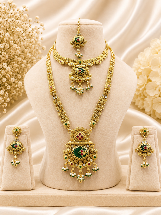 Antique Gold Emerald Bridal Double Necklace Set with Maang Tikka & Earrings NS00025