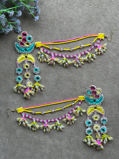 Multicolour Beaded Earring Tikka Set with Mirror Work & Mini Jhumki Chain