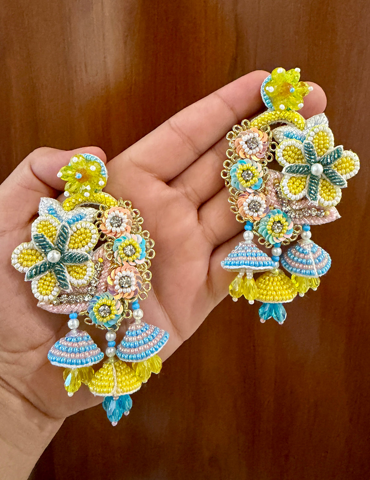 Yellow & Aqua Floral Handmade Beaded Jhumka Earrings