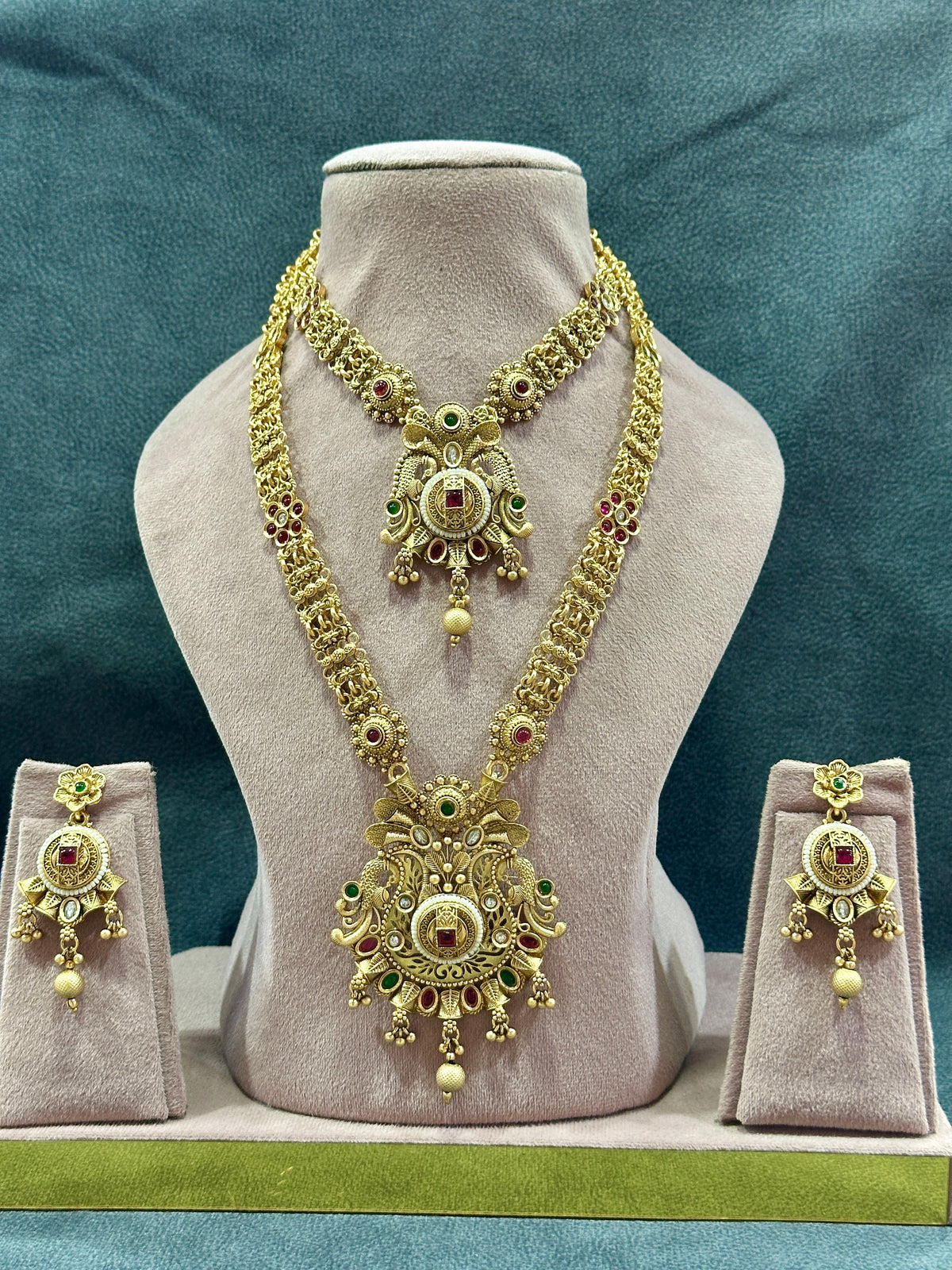 Antique Gold Elephant Motif Bridal Double Necklace Set with Haram & Earrings NS00026