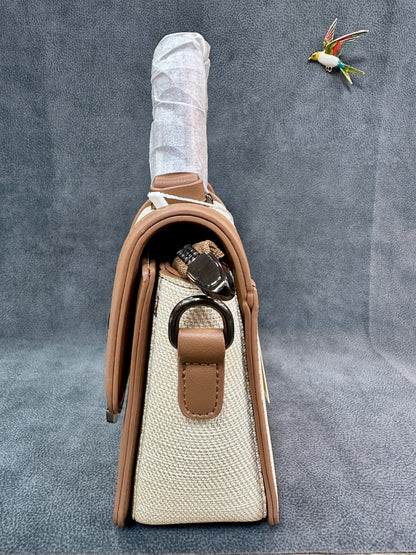 Cream Canvas & Tan Leather Satchel Crossbody Bag HB007