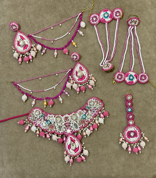Magenta Soutache Bridal Jewellery Set – Necklace, Earrings, Tikka & Hathphool