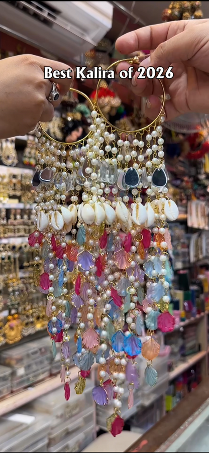 Pastel Petal & Cowrie Shell Kalira | Bridal Haldi Kalira with Mirror Drops 1 pair