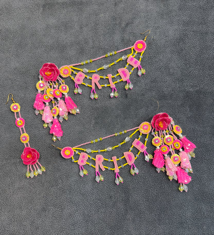 Pink & Yellow Floral BRIDE Earring Tikka Set
